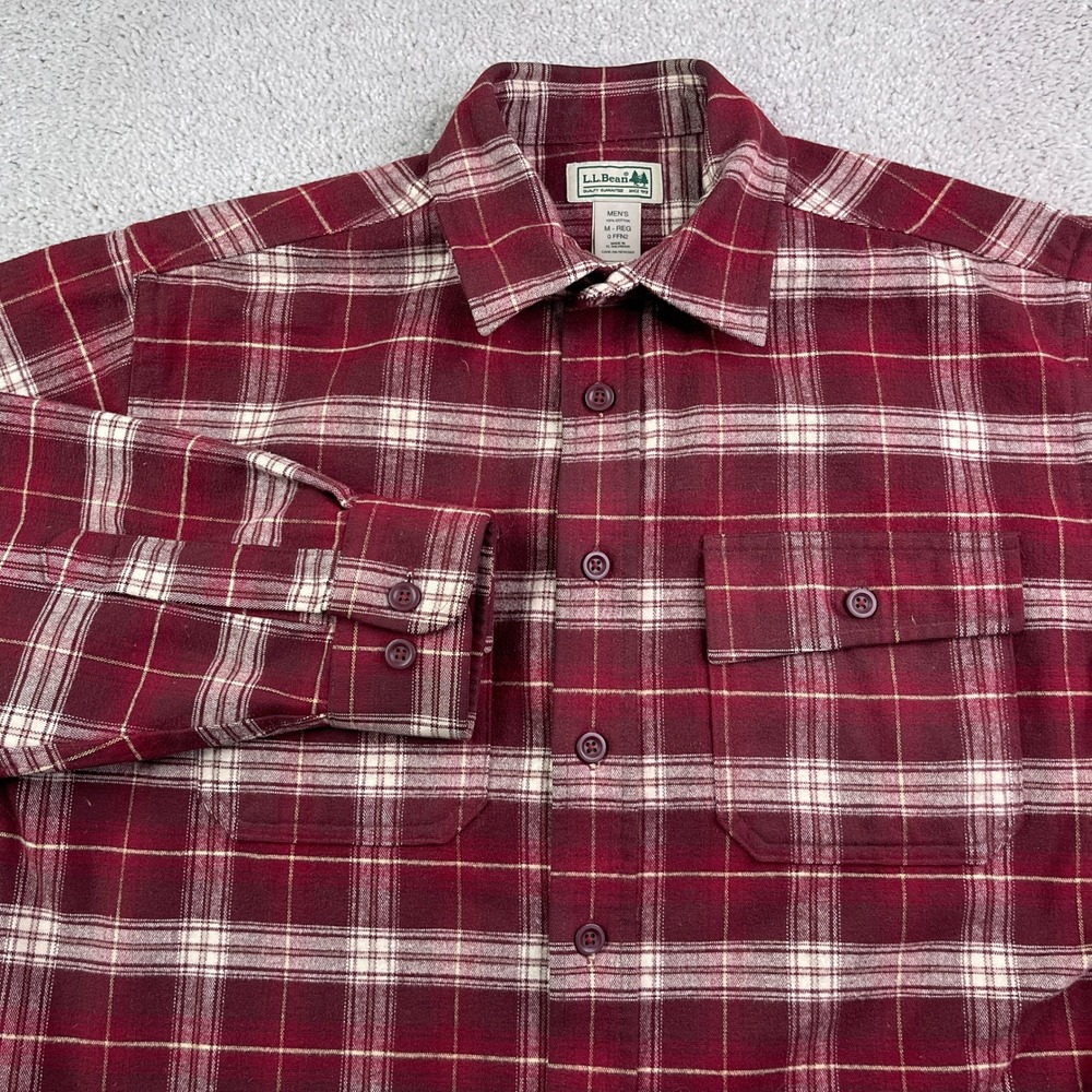 LL Bean Shirt Mens Medium Red Burgundy Plaid Chamois Heavy Flannel Workwear